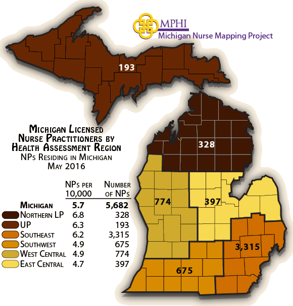 map depicts Michigan licensed nurse practitioners by health assessment regions in 2016